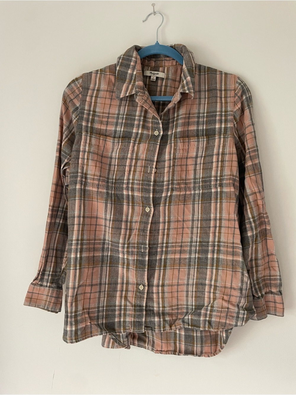 Madewell Pink Grey Plaid Ex-Boyfriend Flannel Button Down Shirt Large